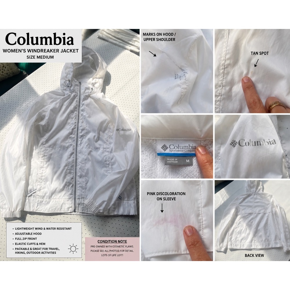 Columbia Womens White Hooded Windbreaker Jacket Lightweight Packable Medium